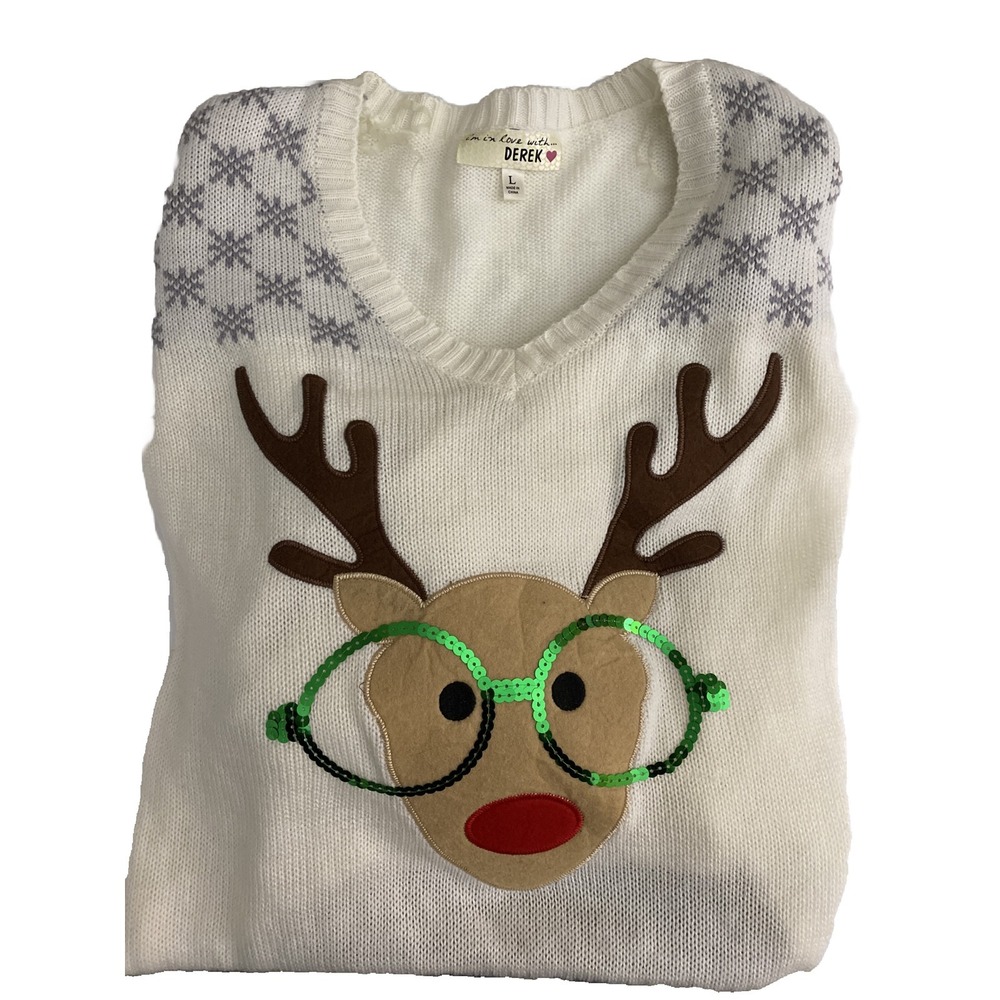 I'm In Love With Derek Reindeer Sweater, Women's Large, Holidays Christmas Ugly